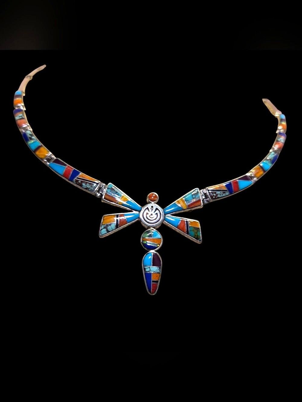 Vintage .925 Sterling Silver Multicolor Mosaic Inlay Dragonfly Necklace
